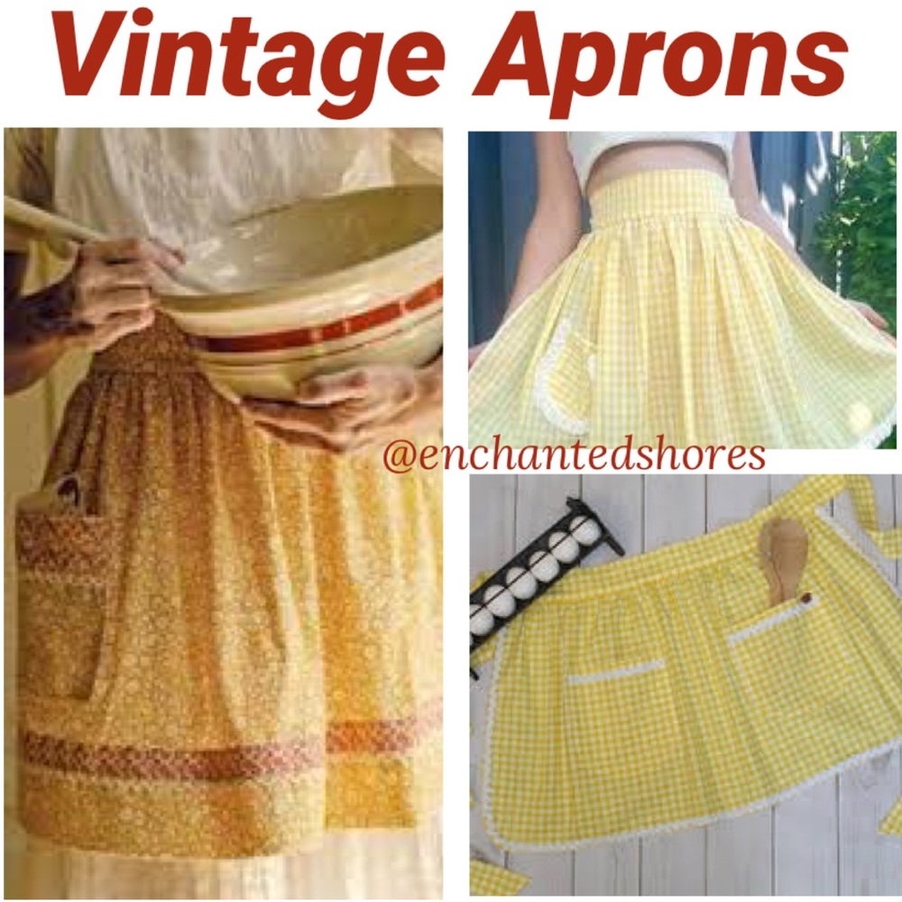 Vintage Apron Kitchen Set Cottage Core Farmhouse Embroidered Lace Plaid Yellow